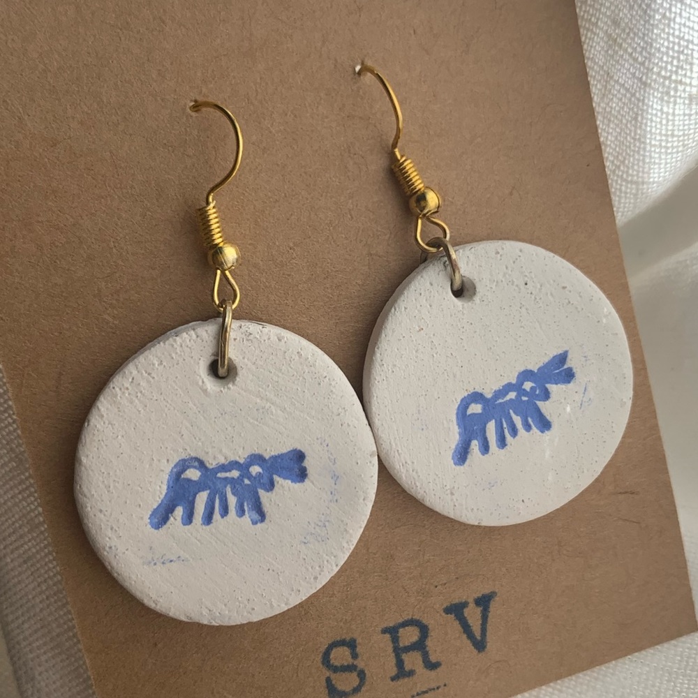 ants! 🐜 handmade ceramic clay unglazed stoneware blue stamped earring with bug!